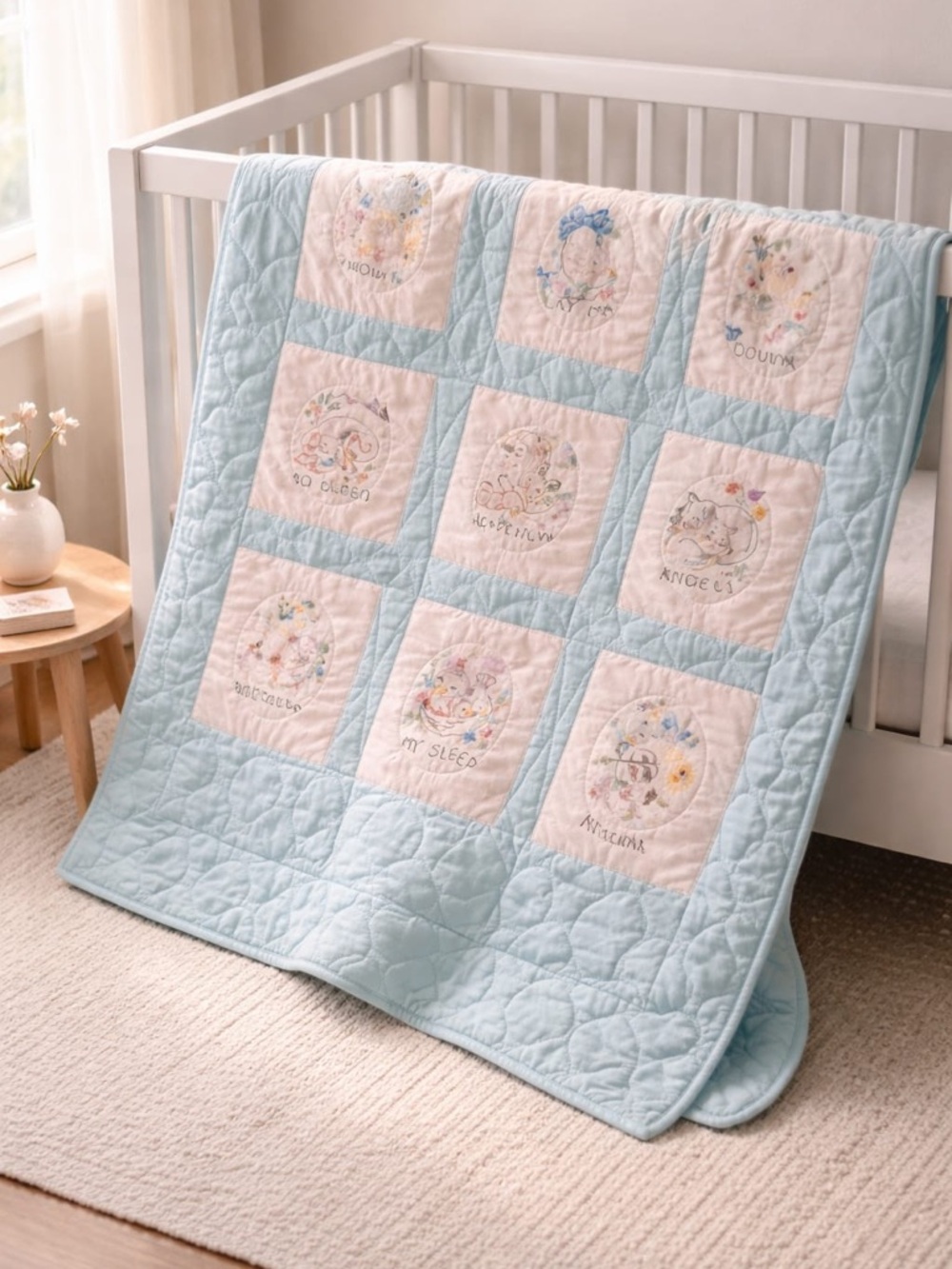 Embroidered Baby Quilt - Blue and White